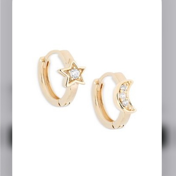 NWT AQUA 18K GOLD OVER STERLING SILVER STAR AND MOON HOOP EARRING WITH CZ STONED